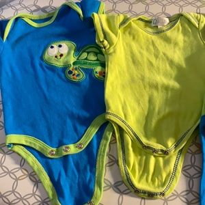 3 Pack Green & Blue Onesies. Size 3-6 Months